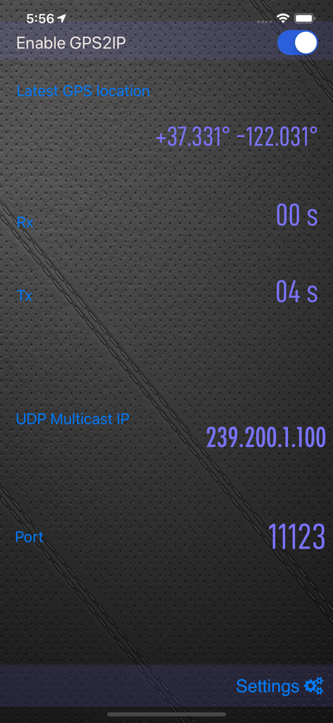 GPS 2 IP - Main interface of GPS 2 IP showing coordinates and network transmission details