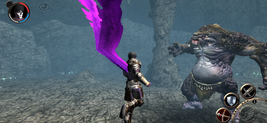 Angel Sword: 3D RPG - An armored character with large purple wings facing off against a giant monster in a dark cave setting within Angel Sword 3D RPG