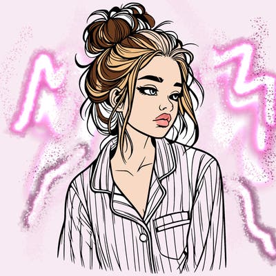 realistic woman with pajamas on and a messy bun