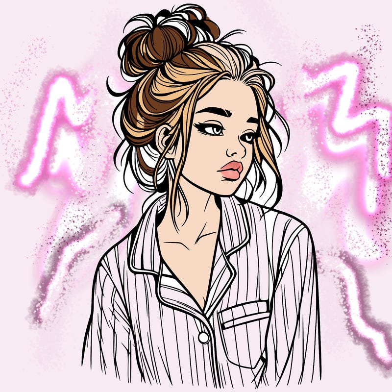 realistic woman with pajamas on and a messy bun