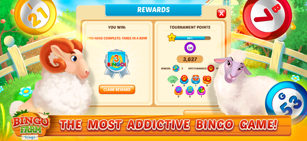 Bingo Farm Ways - Bingo Games - Bingo Farm Ways game rewards screen featuring cute farm sheep and tournament points