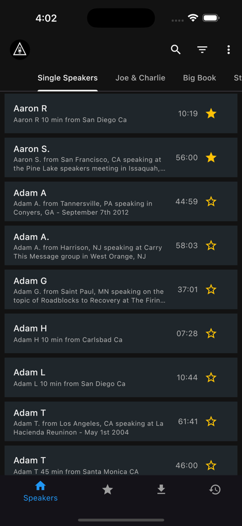 A list of Alcoholics Anonymous recovery speakers on a mobile app interface showing speaker names, audio durations, and favorite stars.