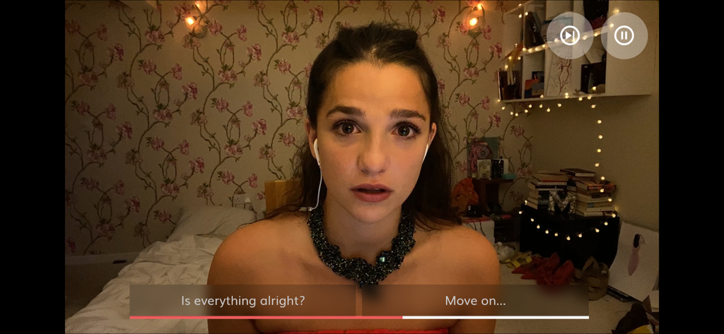 An interactive video call scene from the Five Dates app featuring a woman and two dialogue choices.