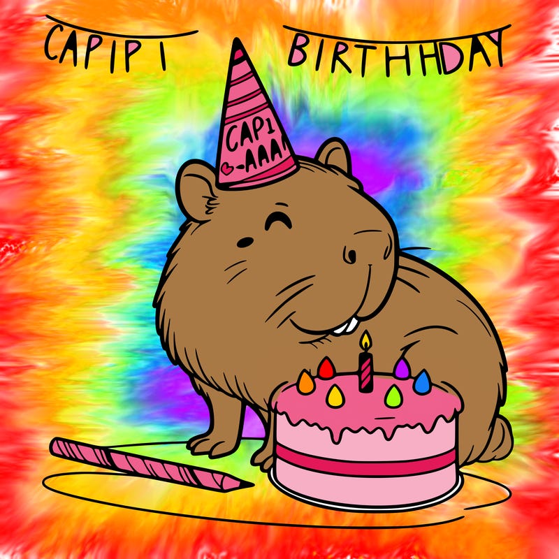 capybara with a cake and a birthday hat that says capibirthday