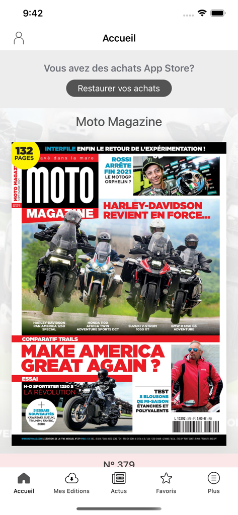 Pantalla de inicio de la aplicación Moto Magazine que muestra la portada de una revista digital de motociclismo