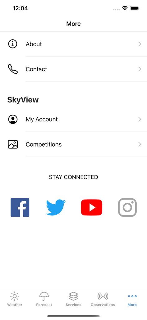 TT Met Office - TT Met Office app more settings screen showing social media links and contact options