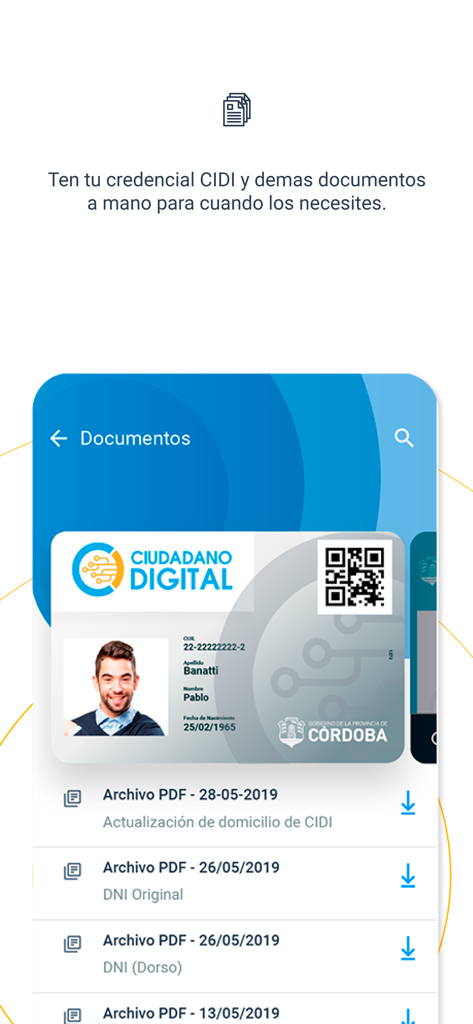 Ciudadano Digital Cordoba - Interfaz de la aplicación Ciudadano Digital Cordoba que muestra una identificación digital y una lista de documentos descargables en PDF