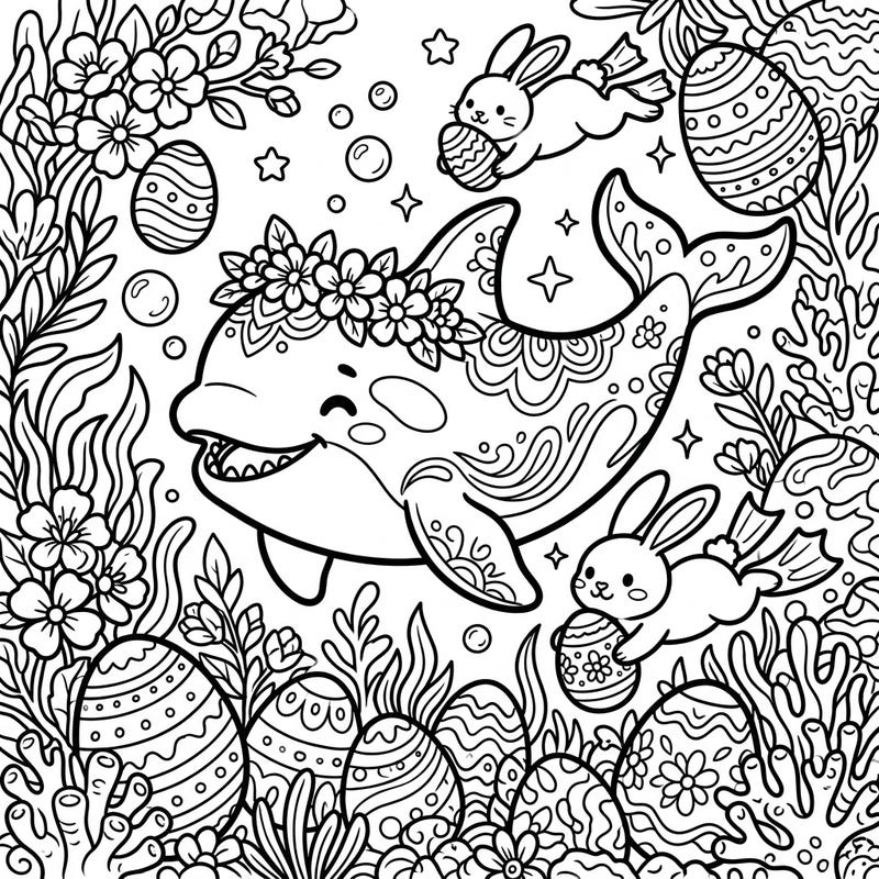 Plunge into an enchanting Easter celebration beneath the waves with this unique coloring page. A friendly toothed whale joins adorable bunnies and beautifully decorated eggs for a festive aquatic adventure.