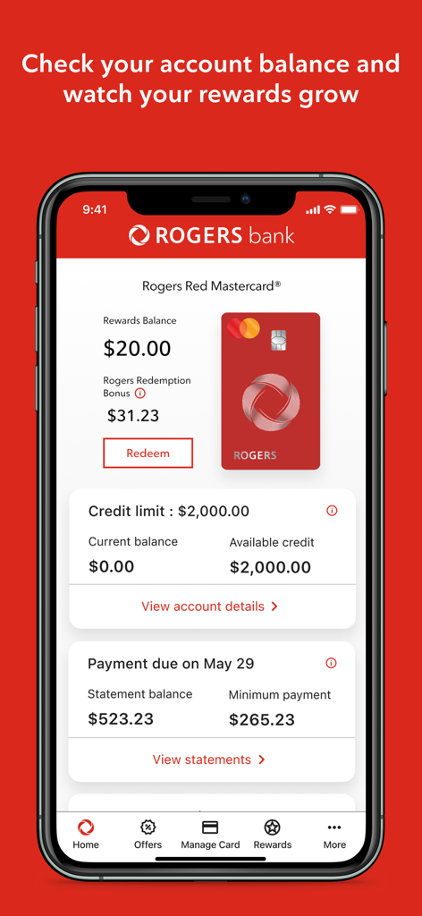 Painel do aplicativo móvel Rogers Bank exibindo saldo do cartão de crédito e pontos de recompensa