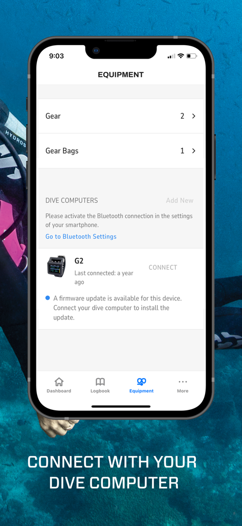 Pantalla de equipo de la aplicación SCUBAPRO LogTRAK 2.0 que muestra la conexión del ordenador de buceo y el estado de la actualización del firmware