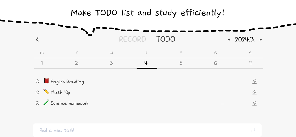 Study Time With Rain: Pomodoro - A minimalist todo list screen with hand-drawn elements showing completed and pending study tasks.