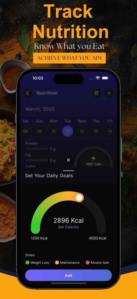 EAT app nutrition tracker interface displaying daily calorie goals and weight management zones