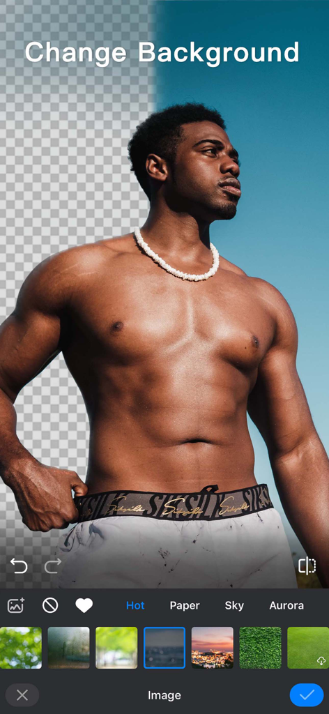 Pantalla de la aplicación Manly mostrando la función de cambio de fondo con un hombre musculoso