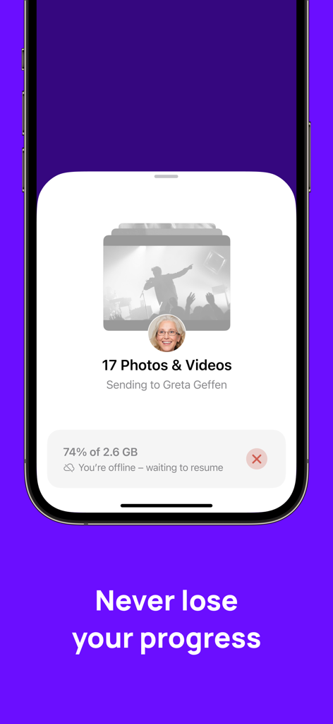 Blip: Send Files in a Click - Une interface mobile montrant l'application Blip reprenant automatiquement un transfert de gros fichiers de photos et vidéos