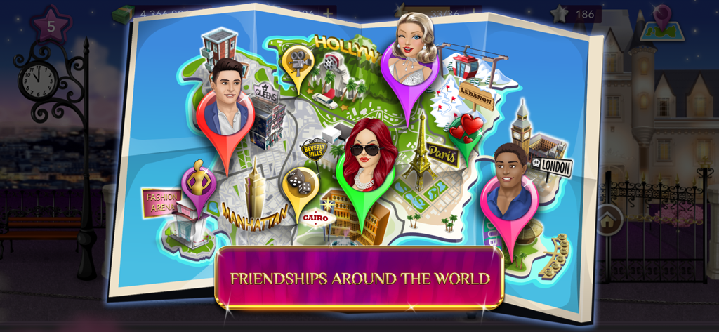 Fashion Queen: Dress Up & Glow - World map in Fashion Queen game showing global travel destinations and characters