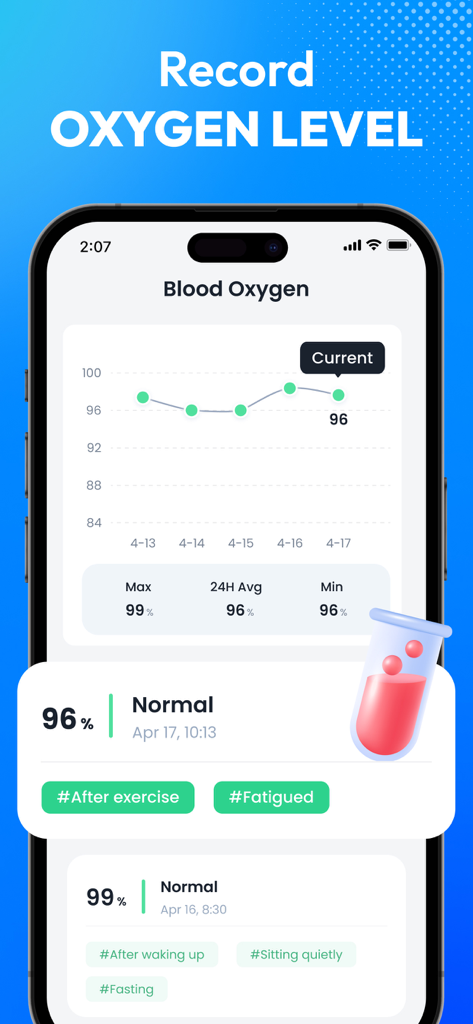 Blood Pressure App-BP Tracker - Interface of the app showing blood oxygen saturation levels with historical trends and status tags