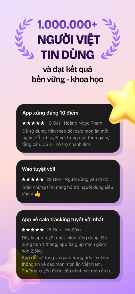 Wao - Food & Calorie Counter - User reviews and ratings for Wao calorie counter highlighting its popularity among Vietnamese users.