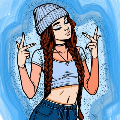 realistic teenage girl with braids and a beanie and crop top doing 🫶🏼