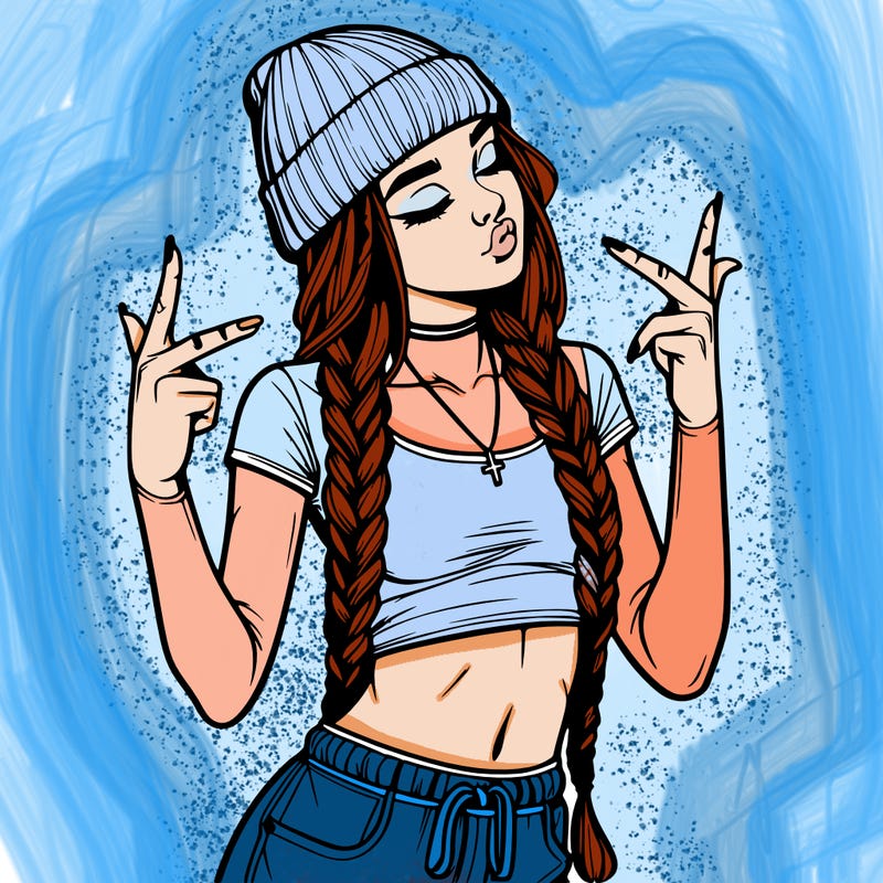 realistic teenage girl with braids and a beanie and crop top doing 🫶🏼