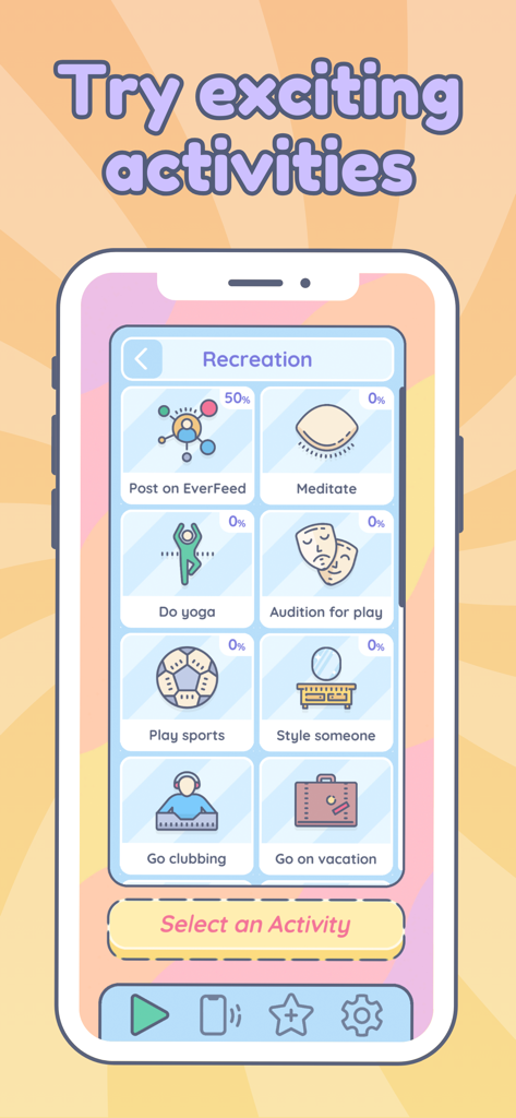 Everlife - Life Simulator - Everlife life simulator mobile game screen showing recreational activity options like yoga meditation and sports.
