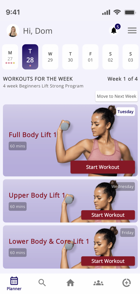 JEFF Fitness - JEFF Fitness app interface showing a weekly workout schedule for a beginner lifting program.