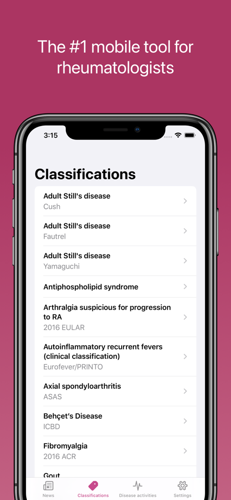 RheumaHelper app interface displaying a comprehensive list of rheumatology disease classifications