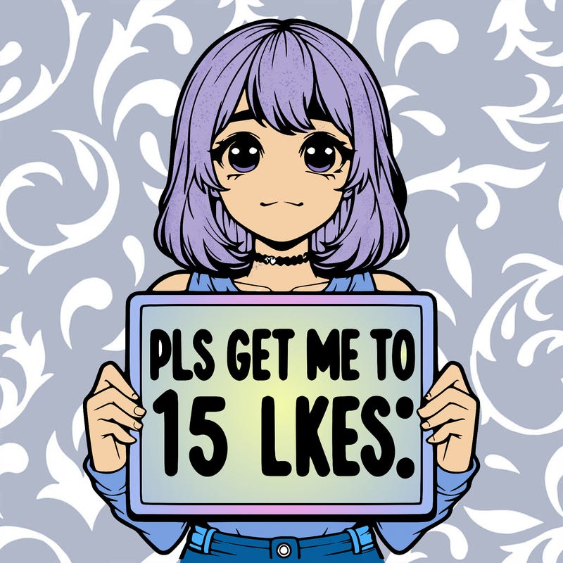 realistic girl holding up a sign that says “pls get me to 15 likes!”