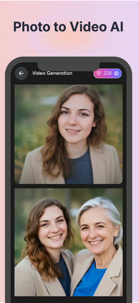 FaceBot-How old do i look ? - Interfaz de la aplicación FaceBot que muestra la función de generación de video a partir de fotos con IA