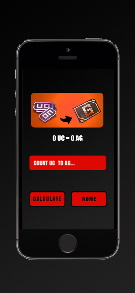 A mobile screen showing a currency converter for PUBG UC to AG with calculate and home buttons