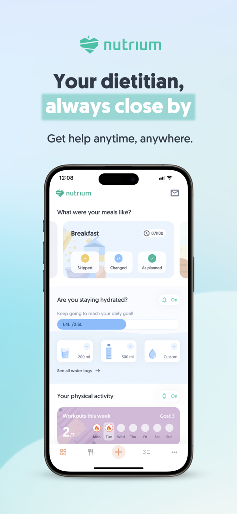Nutrium mobile app dashboard showing meal logging, hydration tracking, and weekly physical activity progress.