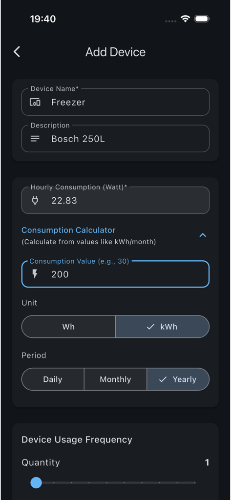 Add device screen in Solar System Calculator Pro showing power consumption inputs for a freezer appliance