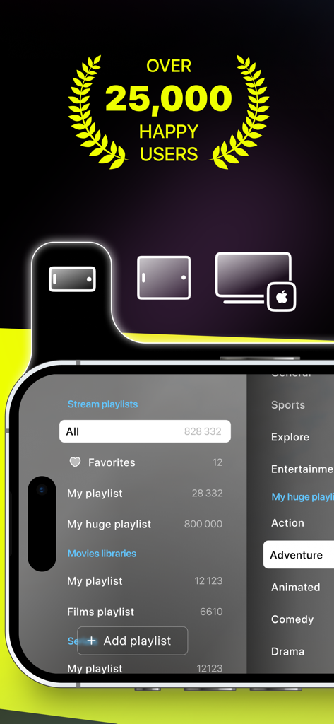 Alice Player IPTV Ott - Interfaz de la aplicación Alice Player IPTV en iPhone mostrando categorías de listas de reproducción y soporte multidispositivo para Apple TV y iPad