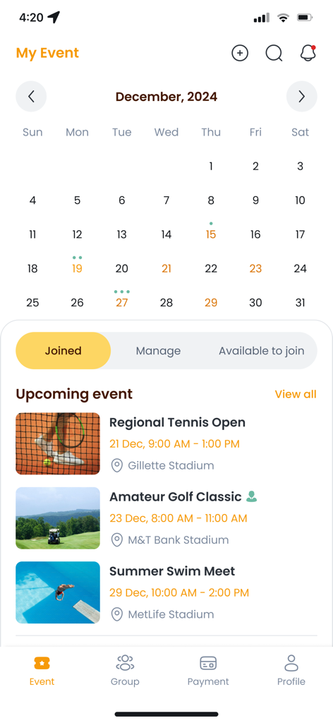 Sports in One - Sports in One app interface showing a monthly calendar and list of upcoming sports events