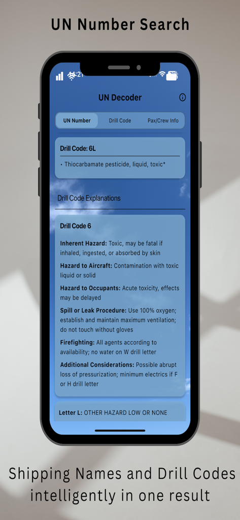 UN Decoder & Hazmat - Interface do aplicativo Decodificador UN mostrando explicações detalhadas do código de perfuração para materiais perigosos.