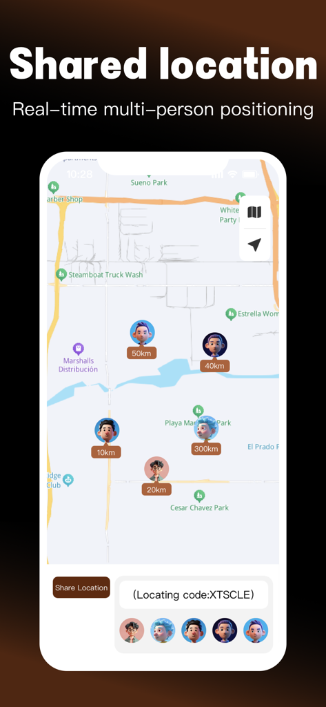 Comepass:Tracker&GPS - 各連絡先までの距離が表示された地図上でのリアルタイム複数人測位を示すモバイルアプリ画面