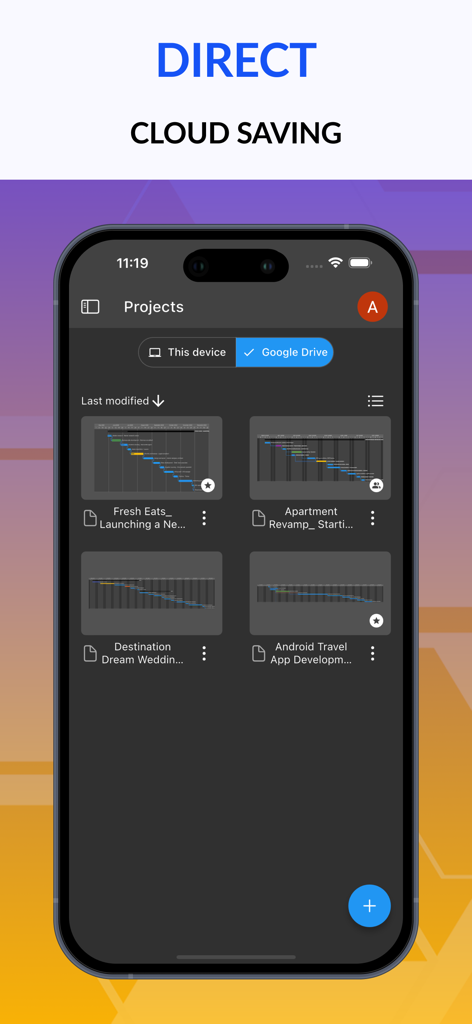 Gantt chart AI planner Ingantt - Interface de l'application Ingantt montrant une liste de diagrammes de Gantt de projet enregistrés sur Google Drive sur un appareil mobile.