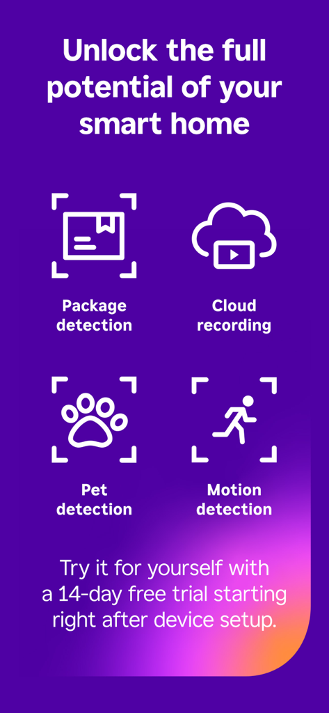 Pantalla de la aplicación Roku Smart Home mostrando funciones inteligentes como detección de paquetes, mascotas y movimiento, junto con grabación en la nube y una prueba gratuita de 14 días.