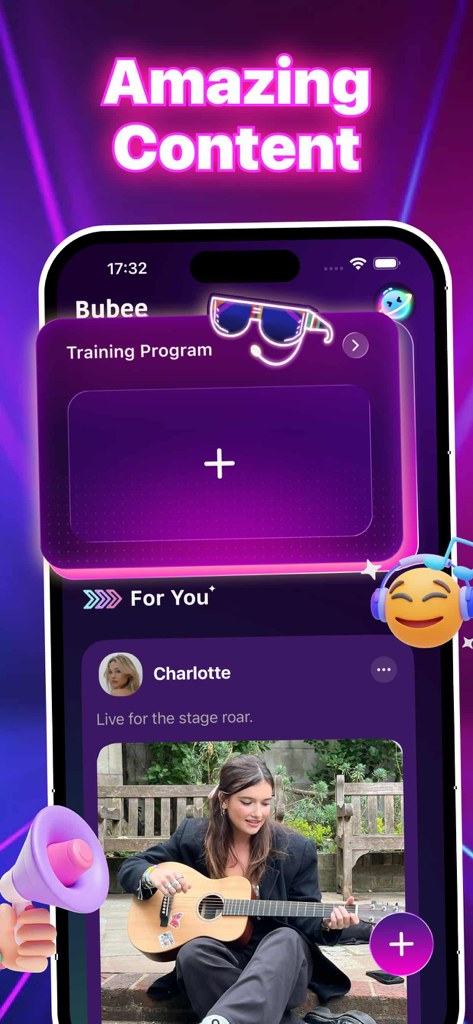 기타리스트와 훈련 프로그램 추적기가 있는 Bubee 앱 인터페이스를 보여주는 음악 소셜 피드.