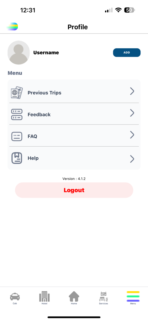Tela de perfil do aplicativo Digi Yatra exibindo opções de menu do usuário para viagens anteriores, feedback, FAQ e ajuda