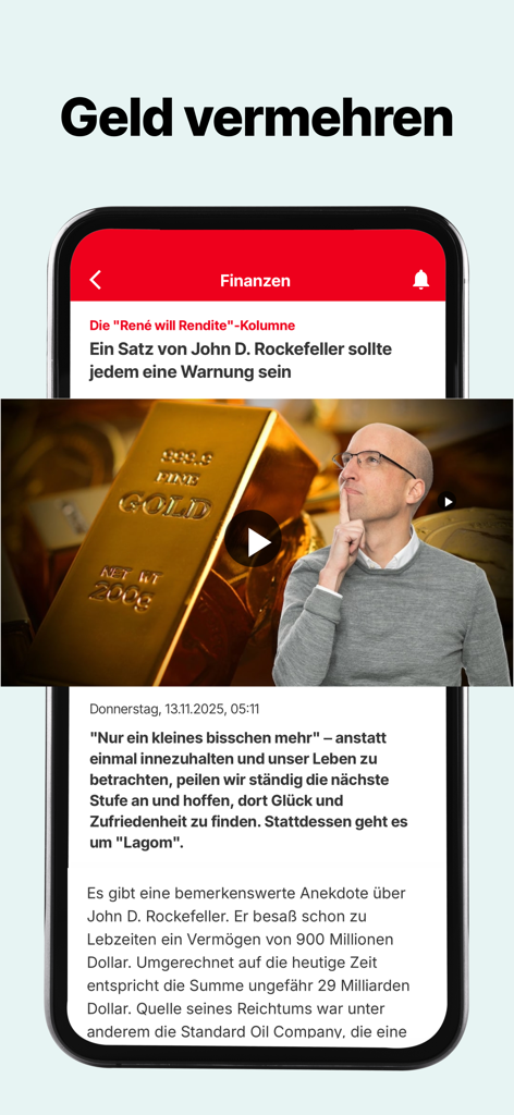 FOCUS online Nachrichten - Screenshot of the FOCUS online news app displaying a finance article in German about wealth and investments