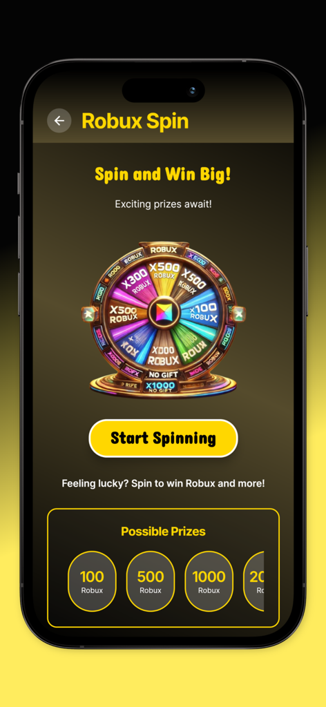 A prize wheel game interface in the Robux Explorer app called Robux Spin.