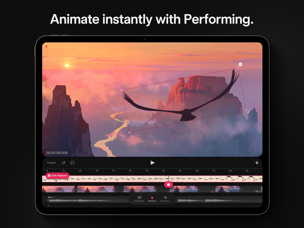 Screenshot di iPad di Procreate Dreams che mostra la funzione Metti in Scena per animare la silhouette di un uccello su uno scenario paesaggistico al tramonto.