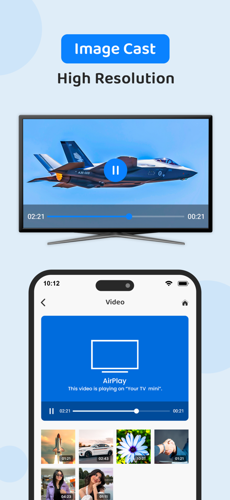 Screen Mirroring Cast to TV - Interfaz de usuario de iPhone transmitiendo una imagen de alta resolución de un avión a la pantalla de un televisor inteligente