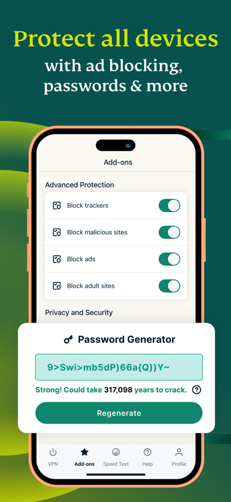 ExpressVPNアプリインターフェイス、安全なパスワードジェネレーターツールと並んで、トラッカーと広告をブロックするための高度な保護設定を表示。