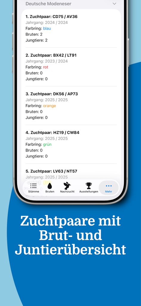 Pigeon Manager - A screen from the Pigeon Manager app listing breeding pairs with their ring colors and offspring counts