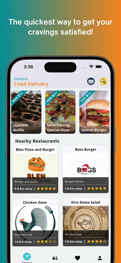 Esoora Food Delivery - Esoora food delivery app interface showing nearby restaurants and menu items in Addis Ababa
