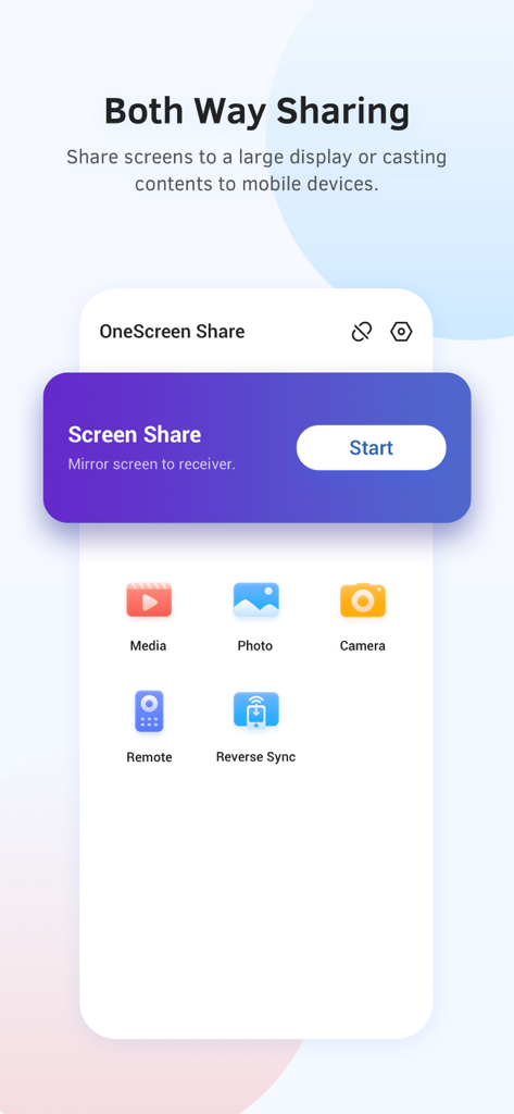 OneScreen Share (Screen Share) - OneScreen Share app interface showing options for screen sharing, media casting, and remote control