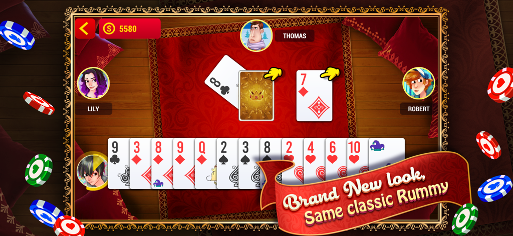 In game view of Indian Rummy showing player cards avatars and colorful chips on a red patterned table