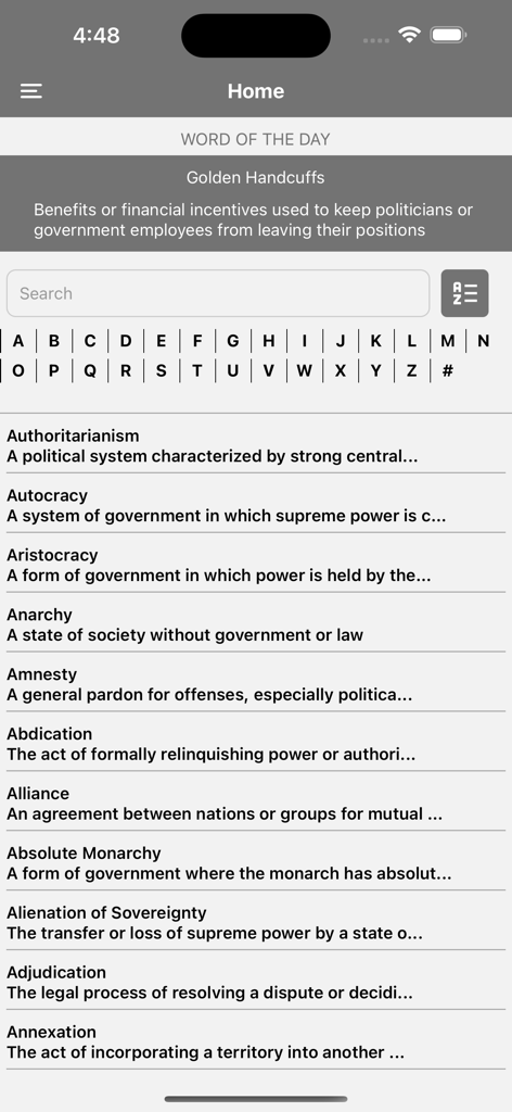 Political Science Terms - Political Science Terms app home screen showing the word of the day and a list of political definitions