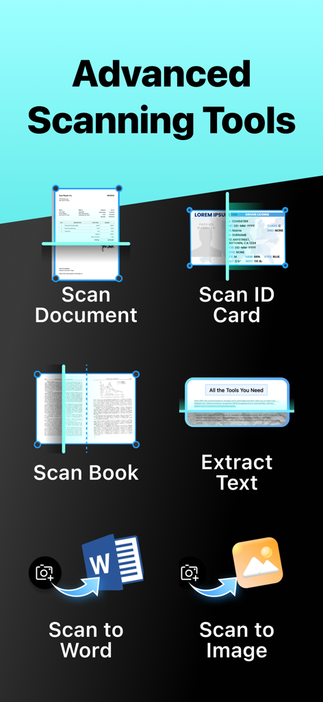 A menu showing PDFgear Scan features like document scanning, ID card scan, book scanning, text extraction, and export to Word or Image.